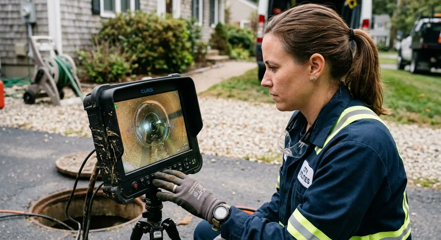 Technician reviewing sewer camera inspection footage in Lincoln Park