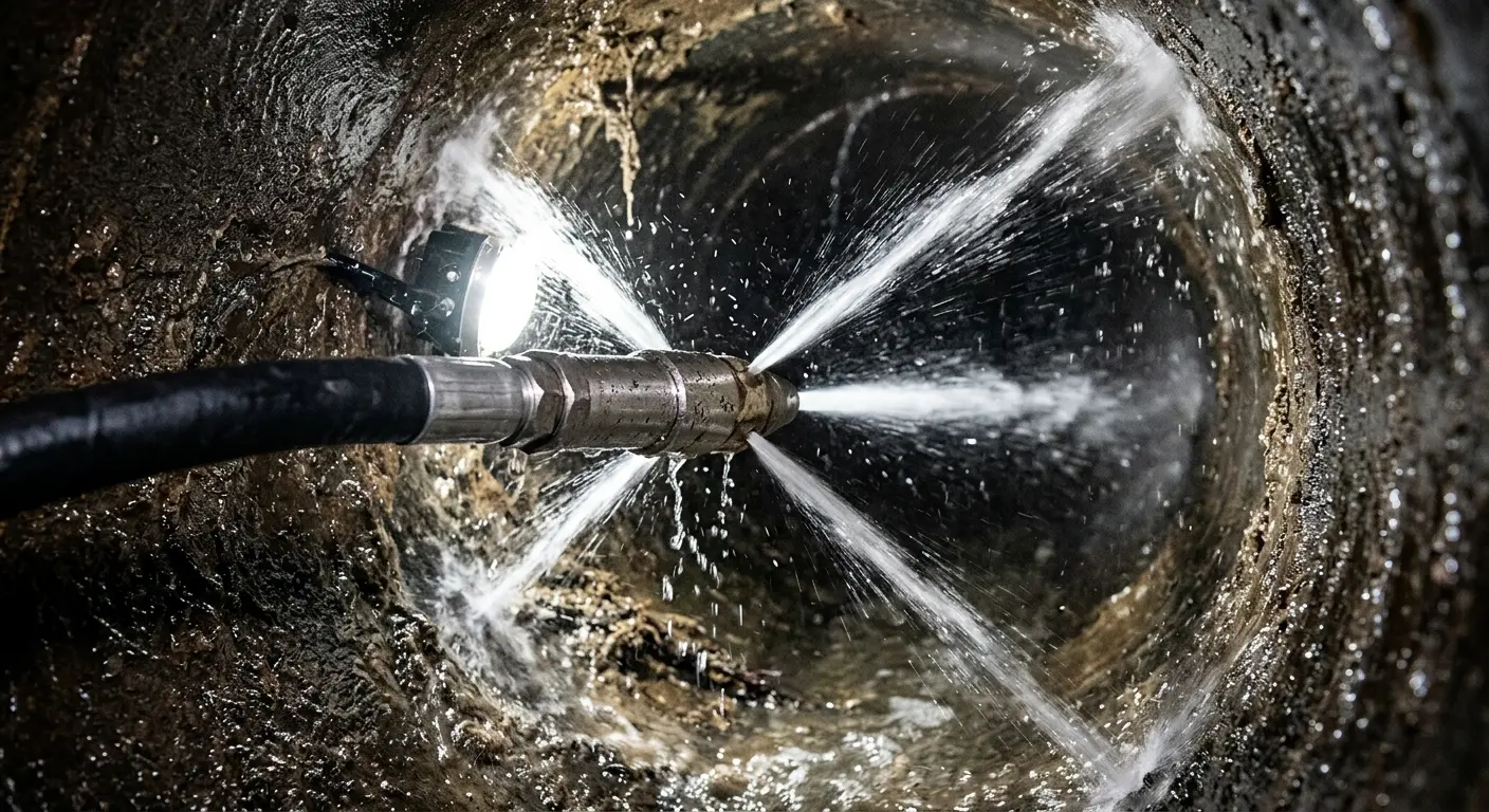 High-pressure hydro jetting nozzle cleaning sewer pipe for Emergency Drain Service in Lincoln Park