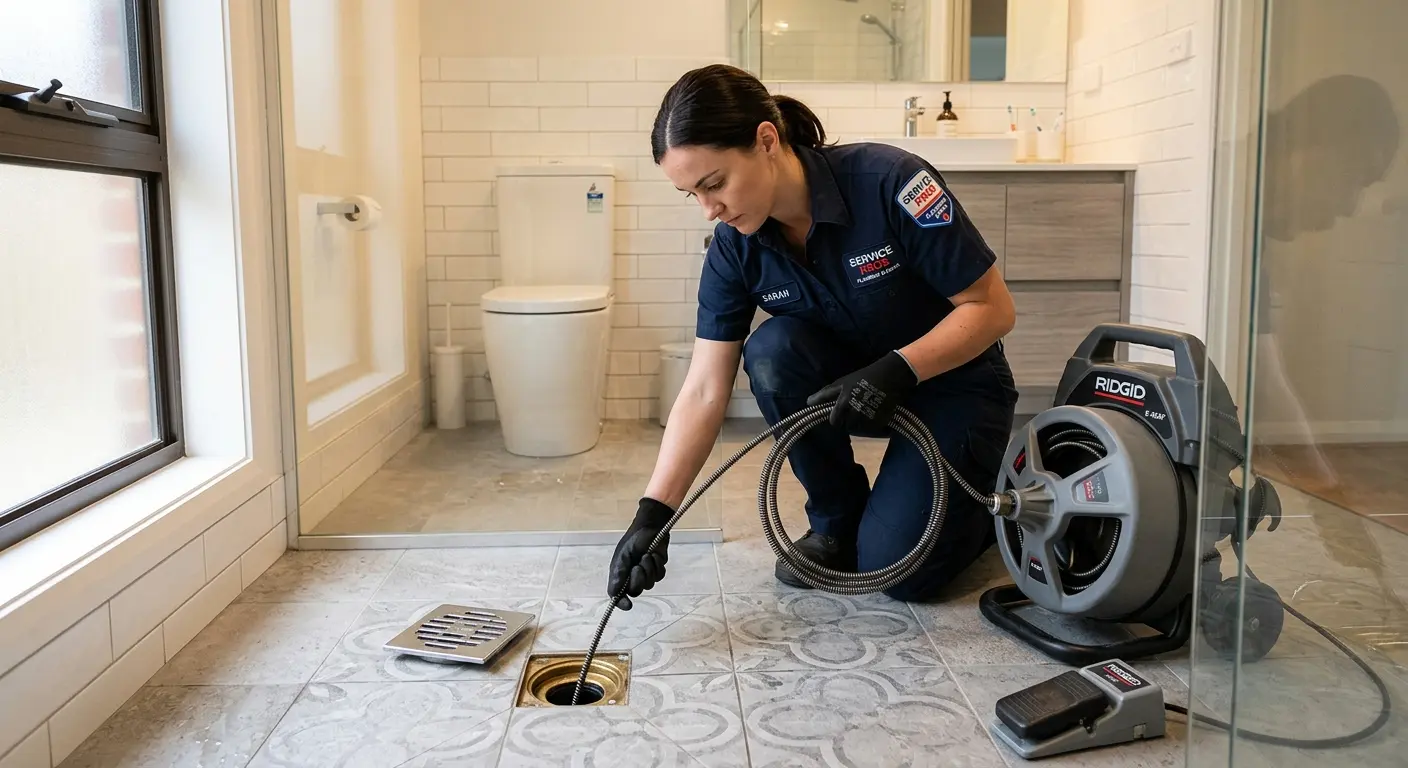 Technician clearing a bathroom floor drain for Drain Repair in Lincoln Park